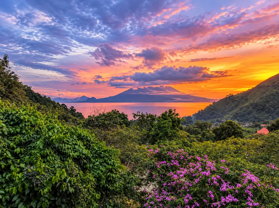 A fiery sunset over Lake Atitlán and its volcanoes, framed by jungle and pink bougainvillea