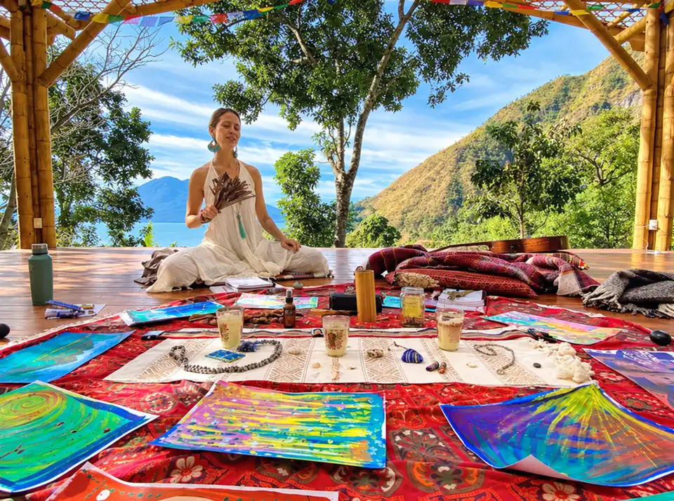 A guest meditating on the open-air shala above Lake Atitlán